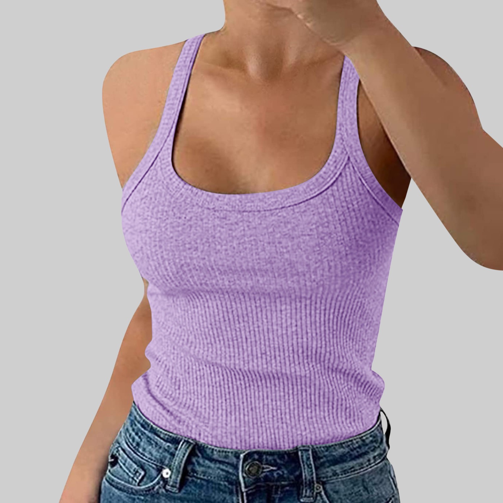 thumbnail image 3 of Camiseta sin mangas de cuello redondo y tirantes finos para mujer - Camiseta ajustada de algodón, camiseta informal sin mangas para combinar en primavera/verano, 3 of 4